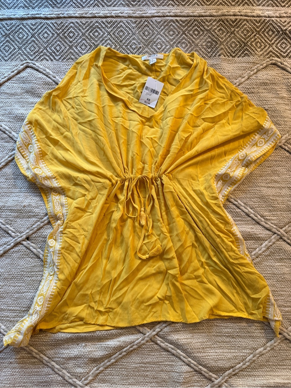 Forever 21 Yellow Drawstring dress with White Embroidered Trim size XS NWT